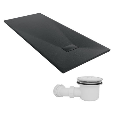 Sundaze 1800 X 800mm Smc Black Rectangle Slate Effect Shower Tray With Fluidmaster 90mm Fast Flow Waste