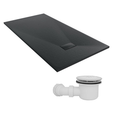 Sundaze 1700 X 900mm Smc Black Rectangle Slate Effect Shower Tray With Fluidmaster 90mm Fast Flow Waste