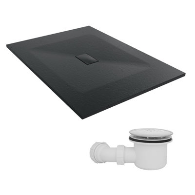 Sundaze 1400 X 1000mm Smc Black Rectangle Slate Effect Shower Tray With Fluidmaster 90mm Fast Flow Waste