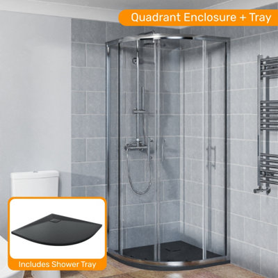 Sundaze Chrome 800X800mm Sliding Door Quadrant Shower Enclosure With Black Slate Effect Shower Tray from B&Q