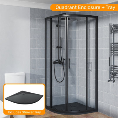 Sundaze Matt Black 800X800mm Quadrant Shower Enclosure Sliding Door With Black Slate Effect Shower Tray from B&Q