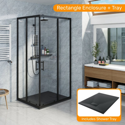 Sundaze Matt Black 1000X800mm Rectangular Shower Enclosure Corner Entry Sliding Door With Black Slate Effect Shower Tray