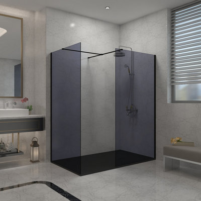 Sundaze Matte Black 8mm Walk In Shower Enclosure Wetroom Grey Glass Screen 800mm & 700mm With 1200X700mm Black Shower Tray