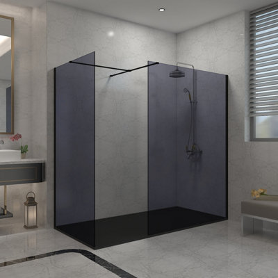 Sundaze Matte Black 8mm Walk In Shower Enclosure Wetroom Grey Glass Screen 1000mm & 1000mm With 1500X1000mm Black Shower Tray from B&Q