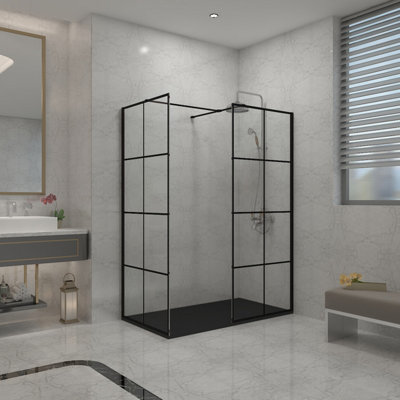 Sundaze Black Grid 8mm Walk In Shower Enclosure Wet Room Glass Screen 760mm & 700mm With 1200X700mm Black Shower Tray
