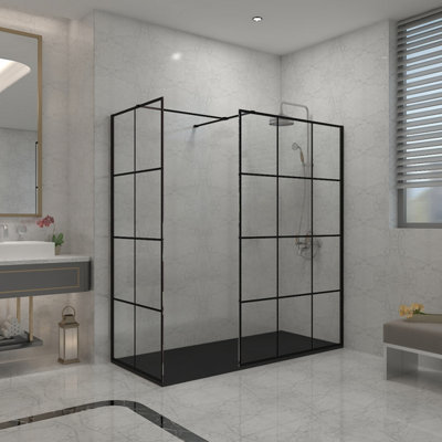 Sundaze Black Grid 8mm Walk In Shower Enclosure Wet Room Glass Screen 1000mm & 900mm With 1500X1000mm Black Shower Tray from B&Q