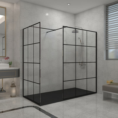 Sundaze Black Grid 8mm Walk In Shower Enclosure Wet Room Glass Screen 1000mm & 1000mm With 1500X1000mm Black Shower Tray from B&Q