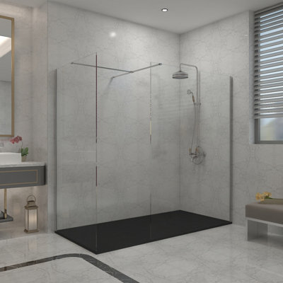 Sundaze Chrome 8mm Walk In Shower Enclosure Wet Room Glass Screen 800mm & 1000mm With 1500X1000mm Black Shower Tray from B&Q