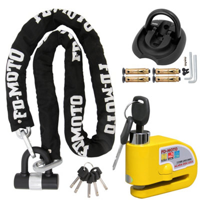 Fd-Moto 1.8M X 10mm Motorcycle Chian Lock Padlock And Alarm Brake Disc Lock Yellow And Black Ground Anchor Security from B&Q