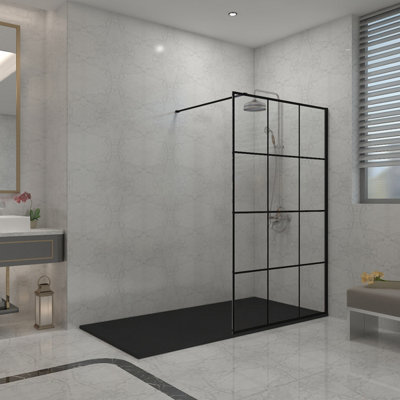 B&Q -  Black Grid 8mm Walk In Shower Enclosure Wet Room Glass Screen 1100mm With 1600X700mm Black Shower Tray