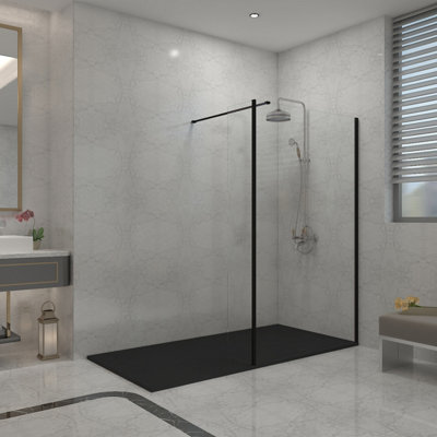 Sundaze Black Walk In Shower Enclosure Wet Room Glass 1100mm & 300mm Return Panel With 1500X1000mm Black Smc Shower Tray from B&Q