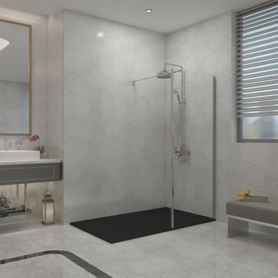 Sundaze Chrome Walk In Shower Enclosure Wet Room Glass 900mm & 215mm Return Panel With 1500X1000mm Smc Black Shower Tray from B&Q