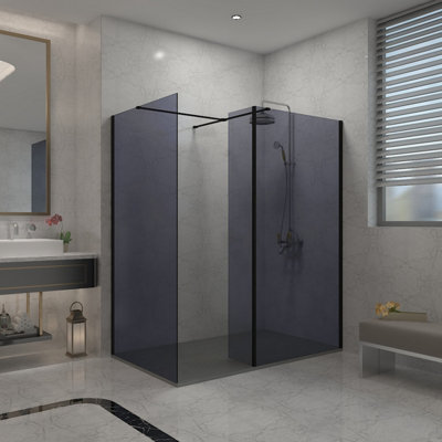 B&Q -  Walk In Wet Room Shower Enclosure Grey Glass 760mm & 700mm & 215mm Flipper Panel With 1400X700mm Anthracite Shower Tray