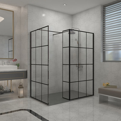 Sundaze Black Grid Walk In Wet Room Shower Enclosure 1000mm & 1000mm & 215mm Flipper Panel With 1600X1000mm Anthracite Shower Tray from B&Q