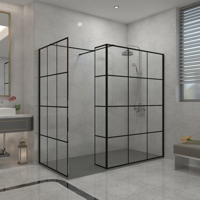 Sundaze Black Grid Walk In Wet Room Shower Enclosure 1400mm & 1000mm & 215mm Flipper Panel With 2000X1000mm Anthracite Shower Tray from B&Q
