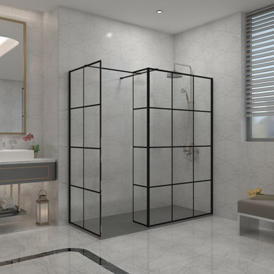 Sundaze Black Grid Walk In Wet Room Shower Enclosure 1000mm & 760mm & 300mm Flipper Panel With 1600X800mm Anthracite Shower Tray from B&Q