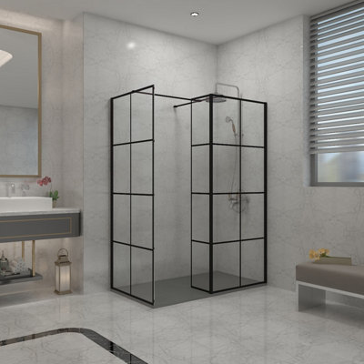 Sundaze Black Grid Walk In Wet Room Shower Enclosure 760mm & 700mm & 300mm Flipper Panel With 1600X700mm Anthracite Shower Tray from B&Q