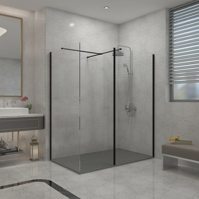 Sundaze Matt Black Walk In Wet Room Shower Enclosure 760mm & 760mm & 215mm Flipper Panel With 1400X800mm Anthracite Shower Tray from B&Q