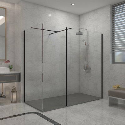 Sundaze Matt Black Walk In Wet Room Shower Enclosure 1200mm & 760mm & 300mm Flipper Panel With 1700X800mm Anthracite Shower Tray from B&Q