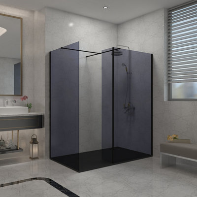 B&Q -  Walk In Wet Room Shower Enclosure Grey Glass 760mm & 700mm & 215mm Flipper Panel With 1400X700mm Black Shower Tray