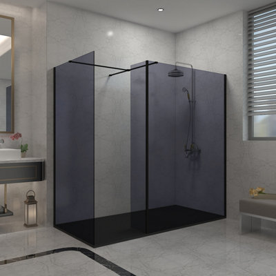 B&Q -  Walk In Wet Room Shower Enclosure Grey Glass 1100mm & 760mm & 300mm Flipper Panel With 1700X800mm Black Shower Tray