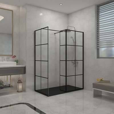 B&Q -  Black Grid Walk In Wet Room Shower Enclosure 760mm & 700mm & 215mm Flipper Panel With 1400X700mm Black Shower Tray