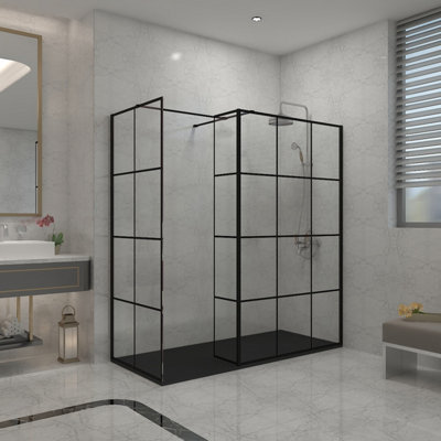 B&Q -  Black Grid Walk In Wet Room Shower Enclosure 1100mm & 760mm & 215mm Flipper Panel With 1700X800mm Black Shower Tray