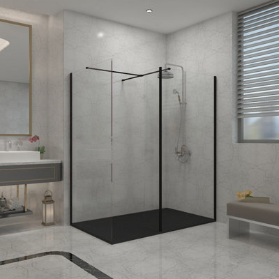 B&Q -  Matt Black Walk In Wet Room Shower Enclosure 760mm & 700mm & 215mm Flipper Panel With 1400X700mm Black Shower Tray