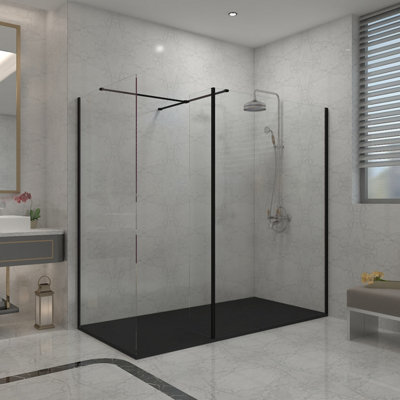 B&Q -  Matt Black Walk In Wet Room Shower Enclosure 1200mm & 800mm & 215mm Flipper Panel With 1700X800mm Black Shower Tray