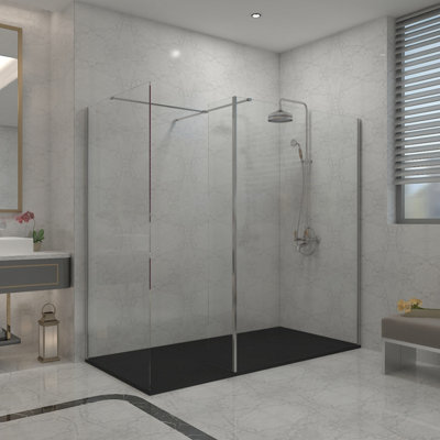 B&Q -  Chrome Walk In Wet Room Shower Enclosure 1100mm & 760mm & 300mm Flipper Panel With 1700X800mm Black Shower Tray
