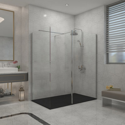 B&Q -  Chrome Walk In Wet Room Shower Enclosure 760mm & 700mm & 300mm Flipper Panel With 1600X700mm Black Shower Tray