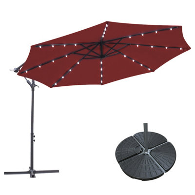 B&Q -  3M Wine Red Hanging Banana Cantilever Parasol Umbrella With Led LightsBase Weights