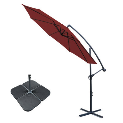 B&Q -  3M Wine Red Banana Parasol Cantilever Hanging Parasol Umbrella With Crank FunctionBase Weights