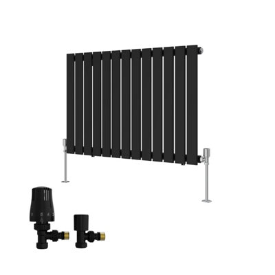 B&Q -  Black Single Horizontal Designer Radiator Flat Panel Rads 600X884mm With Angled Trv Thermostatic Valves