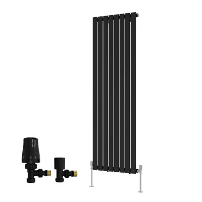 B&Q -  Black Single Vertical Designer Radiator Flat Panel Rads 1600X544mm With Angled Trv Thermostatic Valves