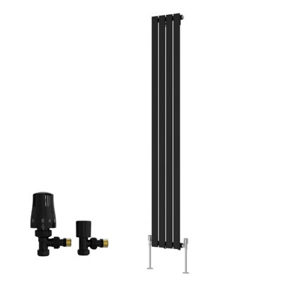 B&Q -  Black Single Vertical Designer Radiator Flat Panel Rads 1800X272mm With Angled Trv Thermostatic Valves