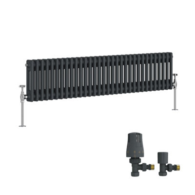B&Q -  Traditional Double Column Horizontal Cast Iron Style Radiator 300X1460mm Anthracite With Angled Thermostatic Valve