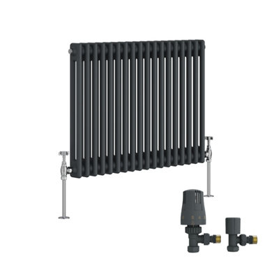 B&Q -  Traditional Double Column Horizontal Cast Iron Style Radiator 600X830mm Anthracite With Angled Thermostatic Valve