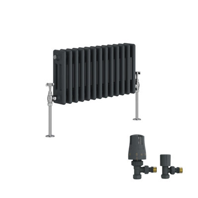 B&Q -  Traditional Triple Column Horizontal Cast Iron Style Radiator 300X607mm Anthracite With Angled Thermostatic Valve