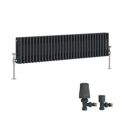 B&Q -  Traditional Triple Column Horizontal Cast Iron Style Radiator 300X1462mm Anthracite With Angled Thermostatic Valve