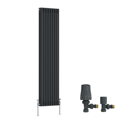 B&Q -  Traditional Triple Column Vertical Cast Iron Style Radiator 1800X472mm Anthracite With Angled Thermostatic Valve