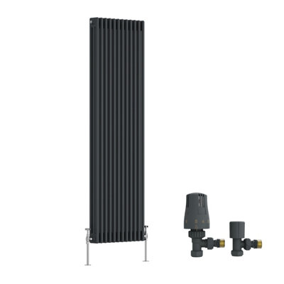 B&Q -  Traditional Triple Column Vertical Cast Iron Style Radiator 1800X562mm Anthracite With Angled Thermostatic Valve