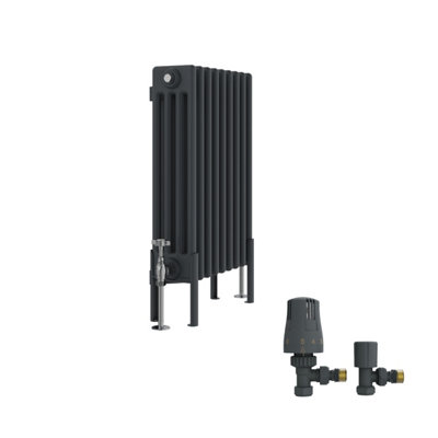 B&Q -  Traditional 4 Column Horizontal Cast Iron Style Radiator 600X425mm Anthracite With Angled Thermostatic Valve