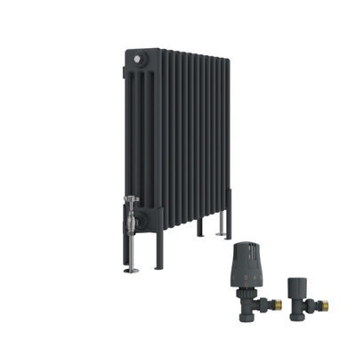 B&Q -  Traditional 4 Column Horizontal Cast Iron Style Radiator 600X605mm Anthracite With Angled Thermostatic Valve