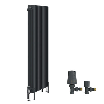 B&Q -  Traditional 4 Column Vertical Cast Iron Style Radiator 1500X560mm Anthracite With Angled Thermostatic Valve