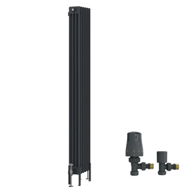 B&Q -  Traditional 4 Column Vertical Cast Iron Style Radiator 1800X290mm Anthracite With Angled Thermostatic Valve