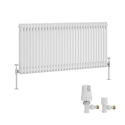 B&Q -  Traditional Double Column Horizontal Cast Iron Style Radiator 600X1460mm White With Angled Thermostatic Valve