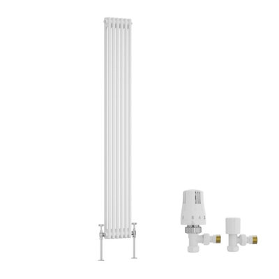 B&Q -  Traditional Double Column Vertical Cast Iron Style Radiator 1800X290mm White With Angled Thermostatic Valve