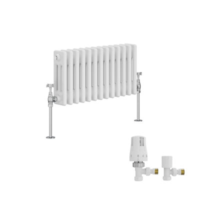 B&Q -  Traditional Triple Column Horizontal Cast Iron Style Radiator 300X607mm White With Angled Thermostatic Valve