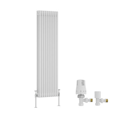 B&Q -  Traditional Triple Column Vertical Cast Iron Style Radiator 1500X472mm White With Angled Thermostatic Valve